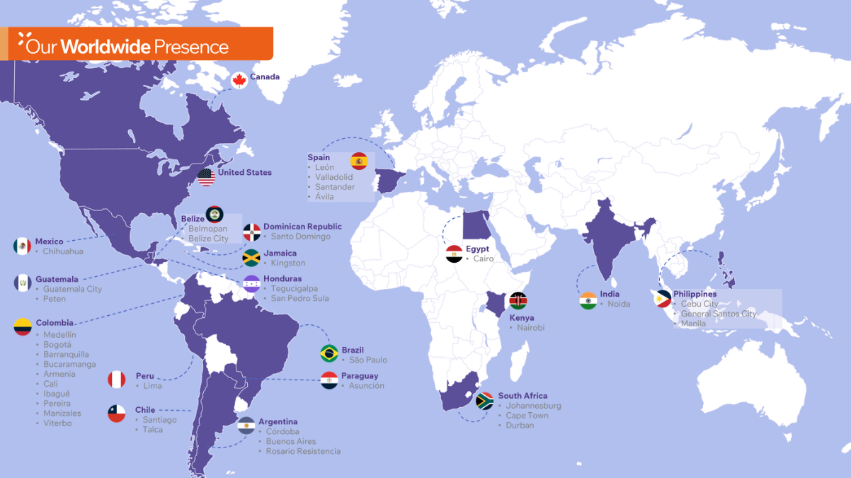 Map of Solvo's worldwide talent sourcing presence across Latin America, the Philippines, India, South Africa, and Kenya